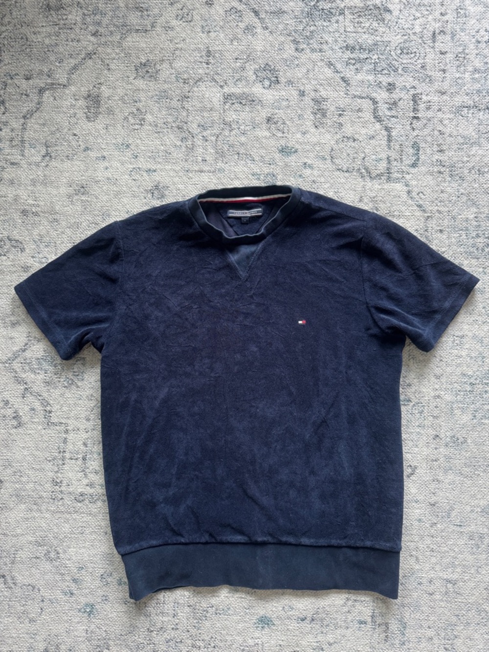 Tommy Hilfiger Navy Short-Sleeve Terry Sweatshirt with Flag Logo men’s medium